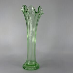 Vintage Green Uranium Glass Swung Art Glass Vase MCM Ruffled Top 10" Glows